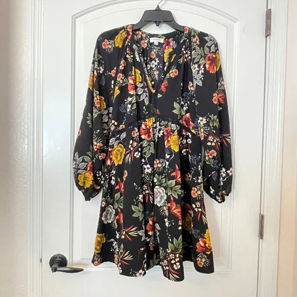 Umgee Small Dress Tunic Black Fall Summer Floral Boho Babydoll - Picture 2 of 6